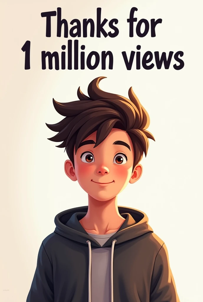 A boy that say Thanks for 1 million views in make with using latter Write above this by arnablifstyle104 using latter 
Tha boy should be reach looking 
Mantion the channel name 
