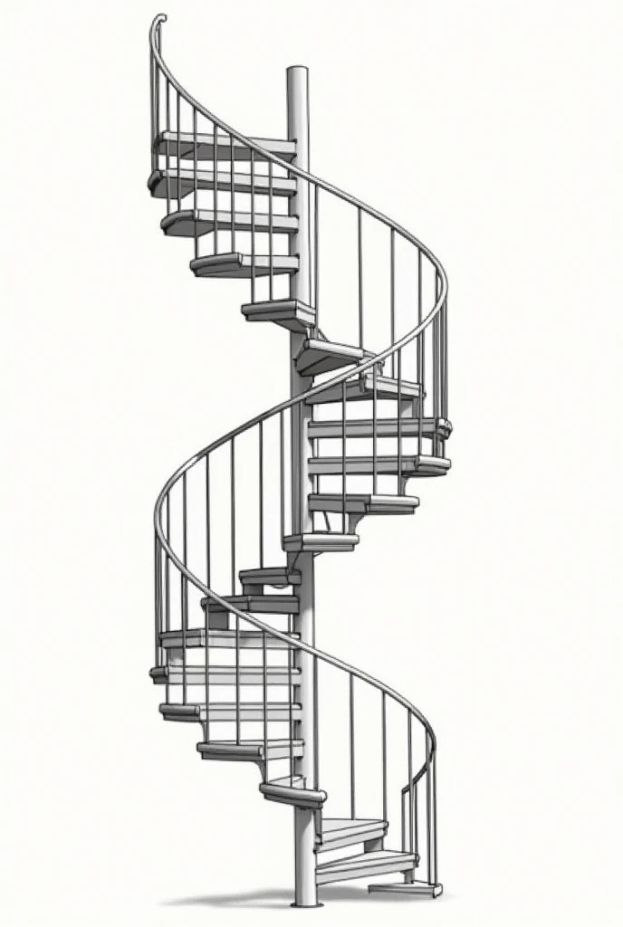 Generate a detailed image of a spiral staircase with the following components
 1. Treads
 2. Risers
 3. Stringers
 4. Handrail
 5. Balusters
 6. Newel post
 7. Landing
 8. Nosing
