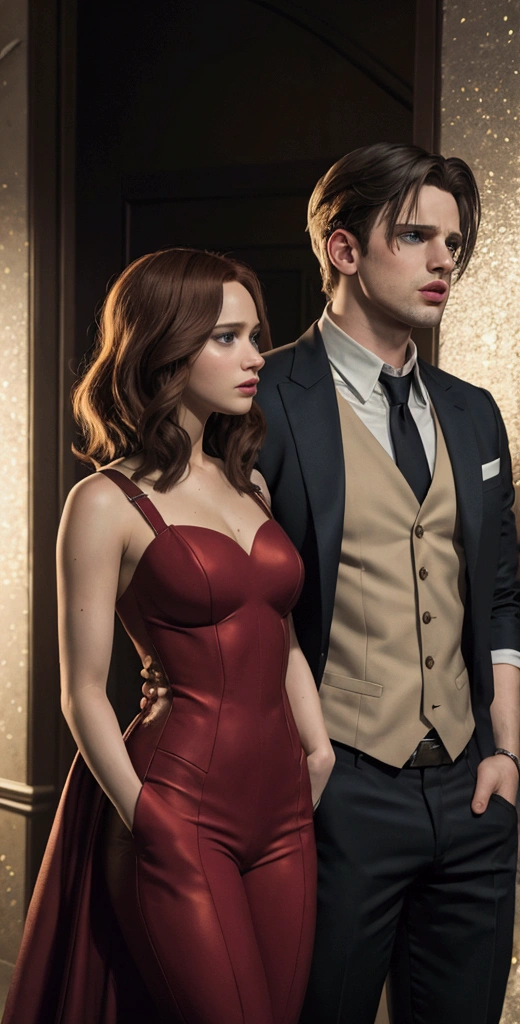 Sebastian Stan ao lado de chris evans e Jennifer lawrence 