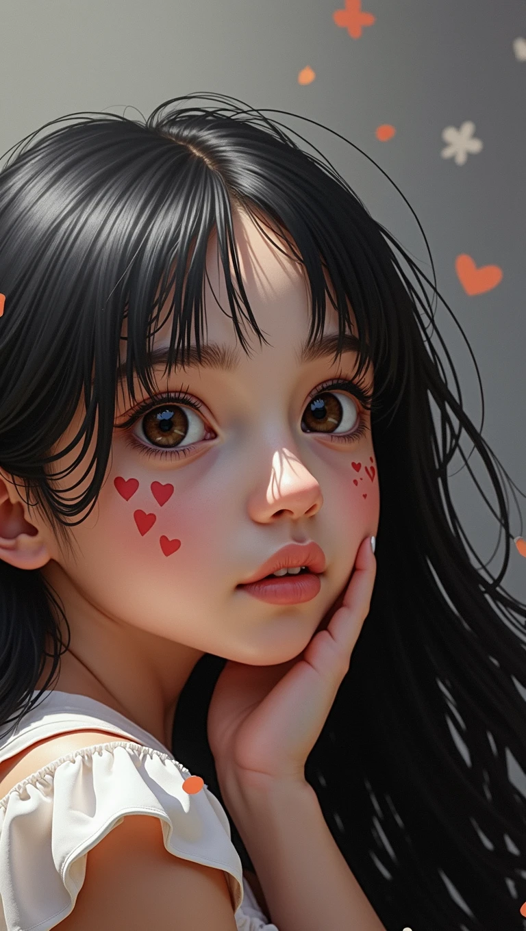 Girl with straight black hair and dark brown eyes, pale complexion with heart-shaped spots on the skin. mexican traits.
