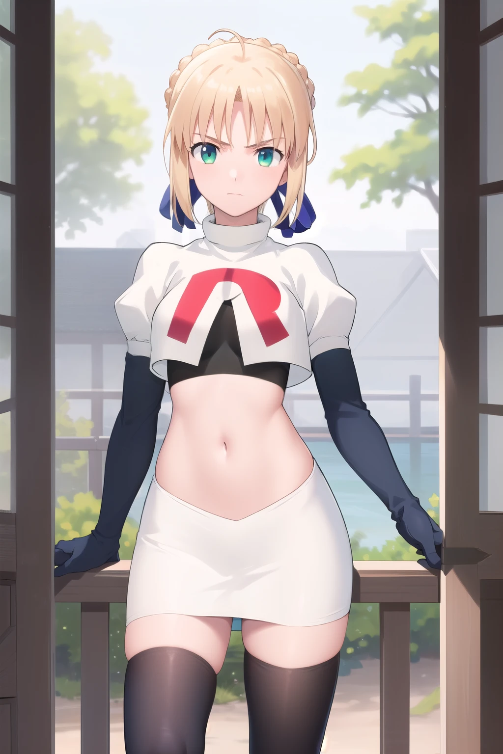 best quality, masterpiece, phSaber, phAltoria, 1girl, solo, blue ribbon, looking at viewer, french braid, hair bun, short hair, outdoors, team rocket,team rocket uniform,white skirt,red letter R,crop top,black thigh-highs,black elbow gloves