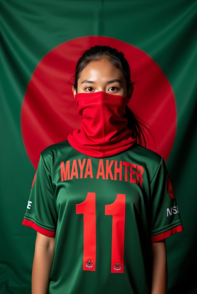 A 20-year girl in front of the Bangladeshi flag on the back. Wearing the jersey of Bangladesh. The jersey has 'Maya Akhter 
' written in English and the face and eyes are covered in red cloth.