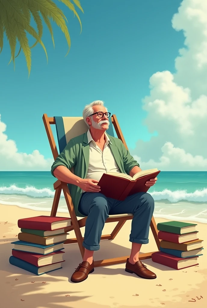 A teacher on the beach with a deck chair surrounded by books