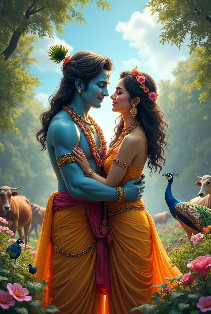 Radha Krishan in village love moment, create high quality realistic image, Landscape of a forest, bight sky, vibrant colors, looking with smile, environment is background is of garden, image should ultra clear, hyper realistic, high quality 4k , peacock cows and birds