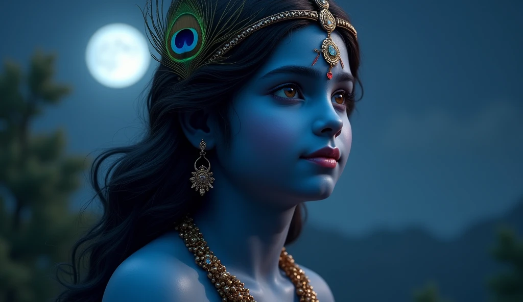 krishna .yuong boy,peacock feather in the hair, dack blue deep skin.then background is should be night sky with moon.low key,realizm ,ultra sharp skin detail