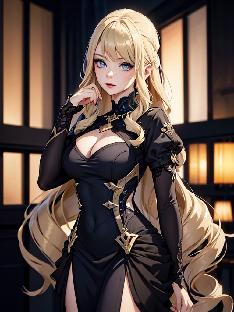 1 woman, black color party frock, modern stylish frock, night party, blonde hair, (best quality,4k,8k,highres,masterpiece:1.2),ultra-detailed,(realistic,photorealistic,photo-realistic:1.37),HDR,UHD,studio lighting,ultra-fine painting,sharp focus,physically-based rendering,extreme detail description,professional,vivid colors,bokeh,portrait