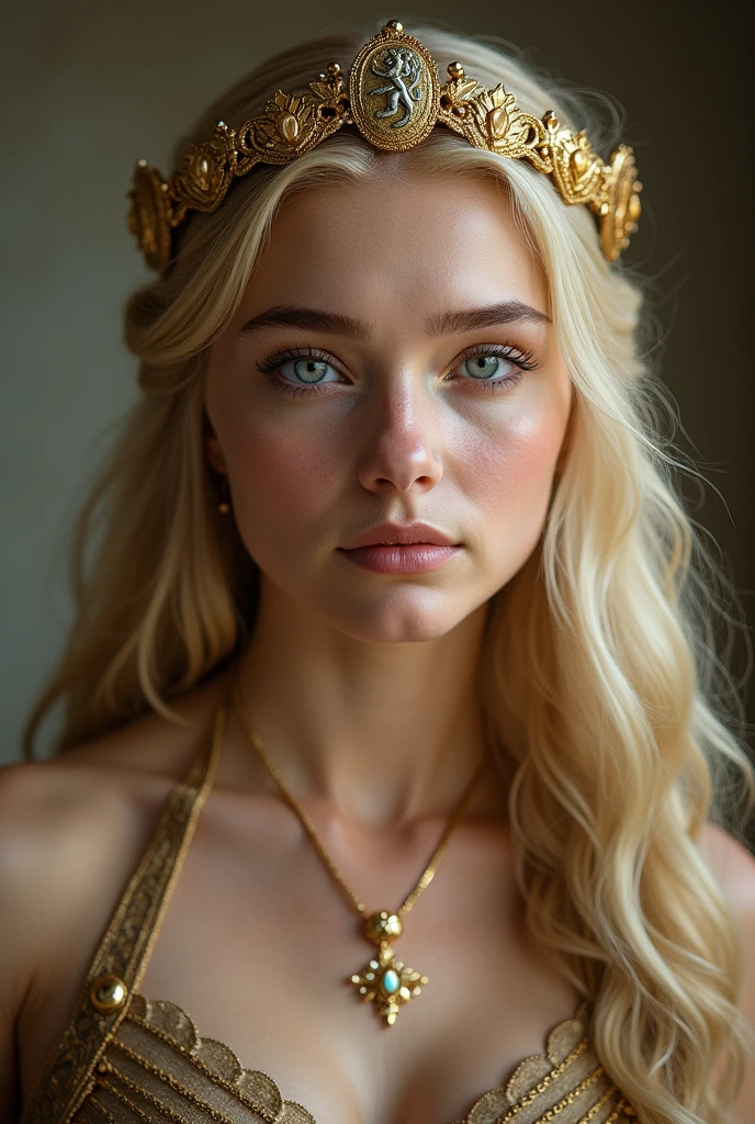Create a young blonde haired, blue eyed Lannister woman with a beautiful, eye-catching gold stand with a discreet Lion emblem headband.