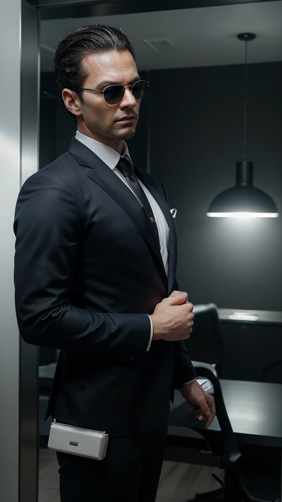 Create an ultra-realistic image of a man inspired by Vegeta from Dragon Ball, with a businessman look. Include the following details:

- Hair: styled upward in a spiky, jet-black fashion, reminiscent of Vegeta's iconic hairstyle
- Eyes: sharp and intense, with a focused gaze, visible through lightly tinted sunglasses
- Skin: fair complexion, with strong, defined facial features
- Expression: confident and assertive, with a slight smirk
- Clothing: a tailored, dark blue business suit with a crisp white shirt and a sleek black tie
- Accessories: lightly tinted sunglasses, reflecting light, and a smart watch on his wrist
- Posture: standing confidently with an upright posture, one hand adjusting his tie
- Background: a sleek, modern office environment with minimalistic design elements
- Lighting: professional, even lighting to accentuate facial features and the texture of the suit
- Style: hyper-realistic with attention to detail in facial features, clothing texture, and overall presentation
- Look: exuding power and authority, capturing the essence of a high-powered businessman