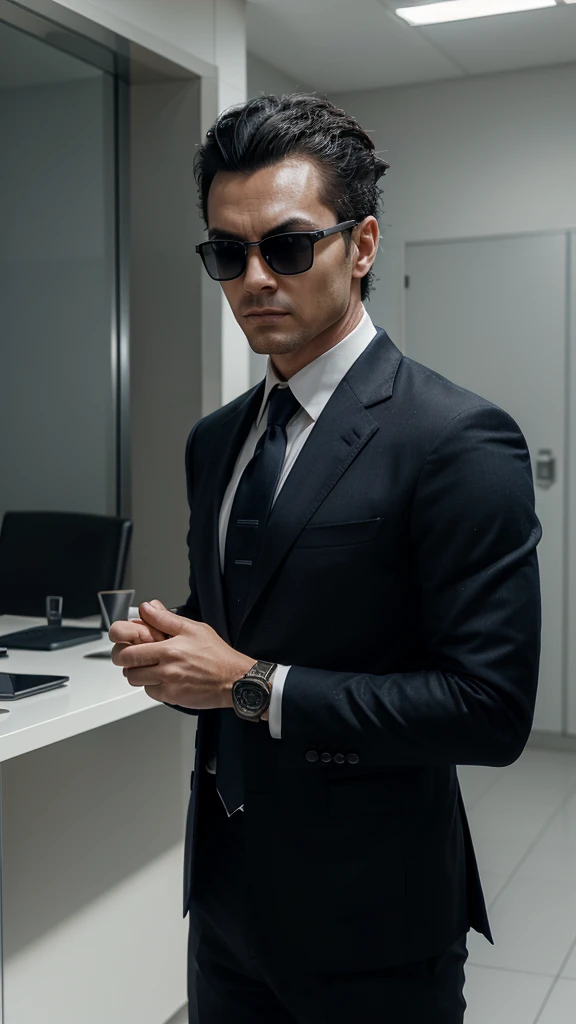 Create an ultra-realistic image of a man inspired by Vegeta from Dragon Ball, with a businessman look. Include the following details:
- Hair: styled upward in a spiky, jet-black fashion, reminiscent of Vegeta's iconic hairstyle
- Eyes: sharp and intense, with a focused gaze, visible through lightly tinted sunglasses
- Skin: fair complexion, with strong, defined facial features
- Expression: confident and assertive, with a slight smirk
- Clothing: a tailored, dark blue business suit with a crisp white shirt and a sleek black tie
- Accessories: lightly tinted sunglasses, reflecting light, and a smart watch on his wrist
- Posture: standing confidently with an upright posture, one hand adjusting his tie
- Background: a sleek, modern office environment with minimalistic design elements
- Lighting: professional, even lighting to accentuate facial features and the texture of the suit
- Style: hyper-realistic with attention to detail in facial features, clothing texture, and overall presentation
- Look: exuding power and authority, capturing the essence of a high-powered businessman