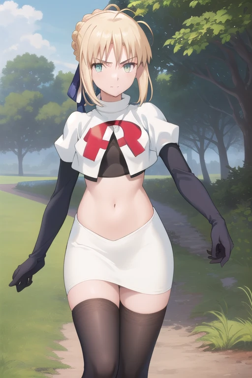 best quality, masterpiece, phSaber, phAltoria, 1girl, solo, blue ribbon, looking at viewer, french braid, hair bun, short hair, outdoors, team rocket,team rocket uniform,white skirt,red letter R,crop top,black thigh-highs,black elbow gloves