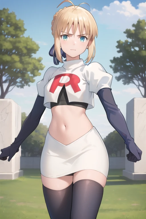 best quality, masterpiece, phSaber, phAltoria, 1girl, solo, blue ribbon, looking at viewer, french braid, hair bun, short hair, outdoors, team rocket,team rocket uniform,white skirt,red letter R,crop top,black thigh-highs,black elbow gloves