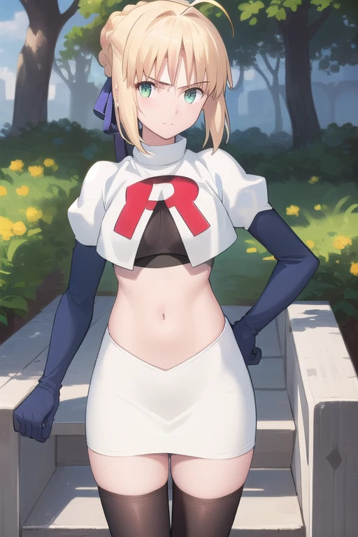 best quality, masterpiece, phSaber, phAltoria, 1girl, solo, blue ribbon, looking at viewer, french braid, hair bun, short hair, outdoors, team rocket,team rocket uniform,white skirt,red letter R,crop top,black thigh-highs,black elbow gloves
