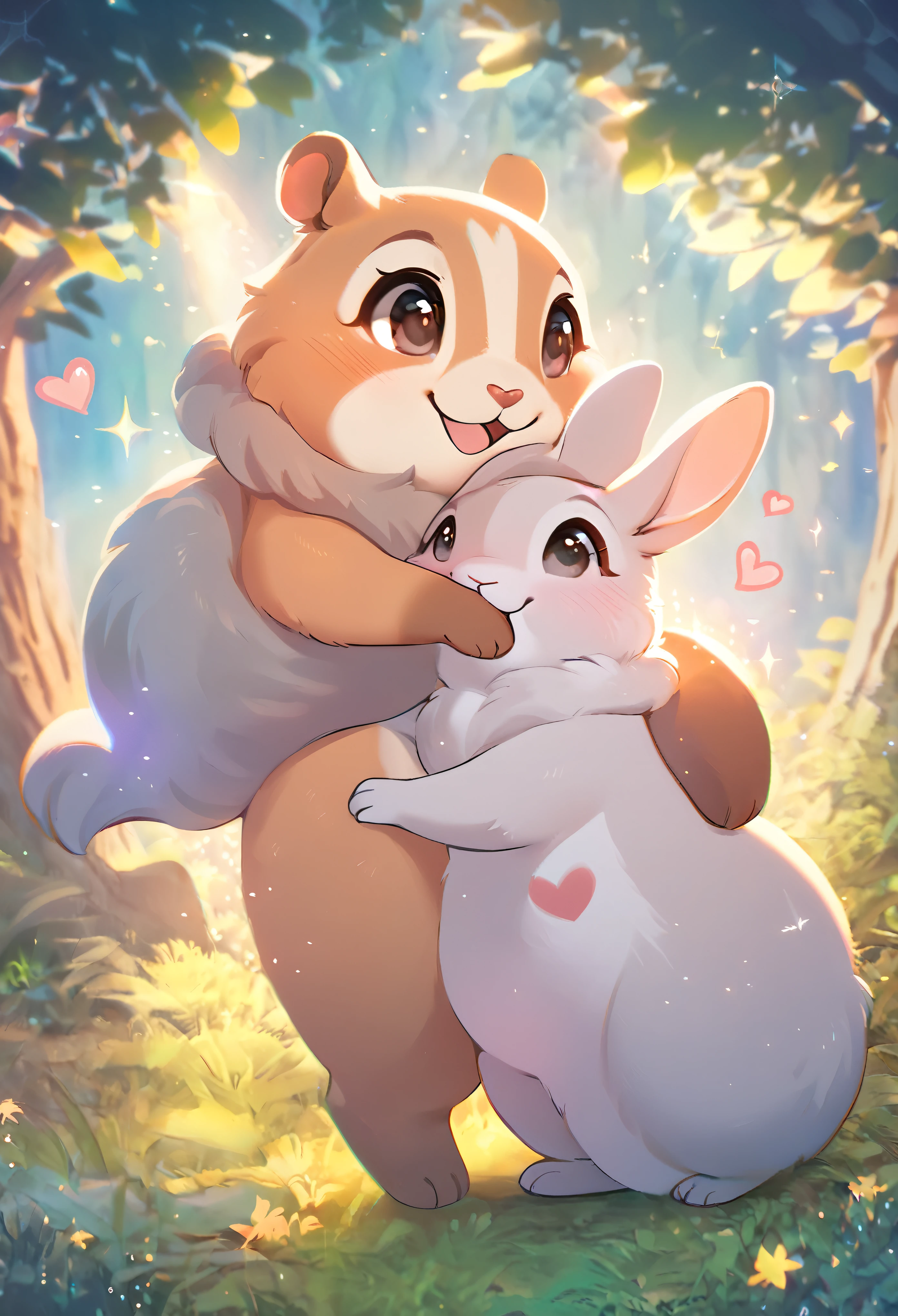 best qualityer, work of art, stocky, fluffy prairie dog and stocky, fluffy gray rabbit, friendship, fun, happiness, ssmile, cuddly, heart shape, heart mark, cute pose, fantasy forest world, smooth and bright image effects