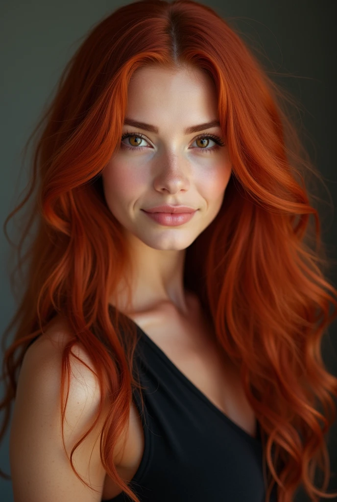 Portret, Woman, half latin half caucasian, 35 years old. ((dark brown eyes)). long weavy red hair. friendly gentle smile at the camera. digital art