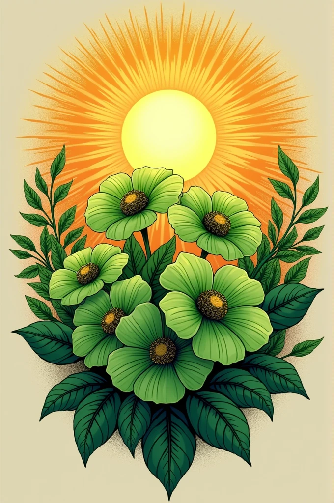 Create a T-shirt emblem Green flowers background with sun rays around
