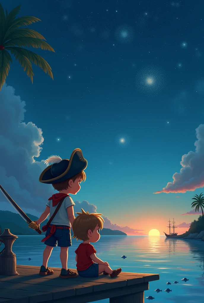 A four-year-old brother and a one-year-old sister、Becoming a pirate、The crown of constellations reflected on the night sea surface、A picture of a fish being caught with a fishing rod and peering into the sea。