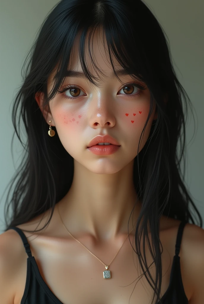 Girl with straight black hair and dark brown eyes, pale complexion with heart-shaped spots on the skin. mexican traits.