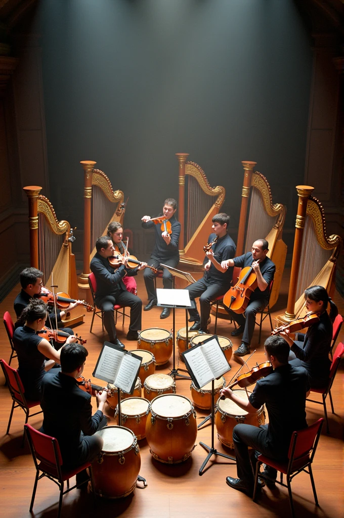 Percussion instruments integrated with string instruments