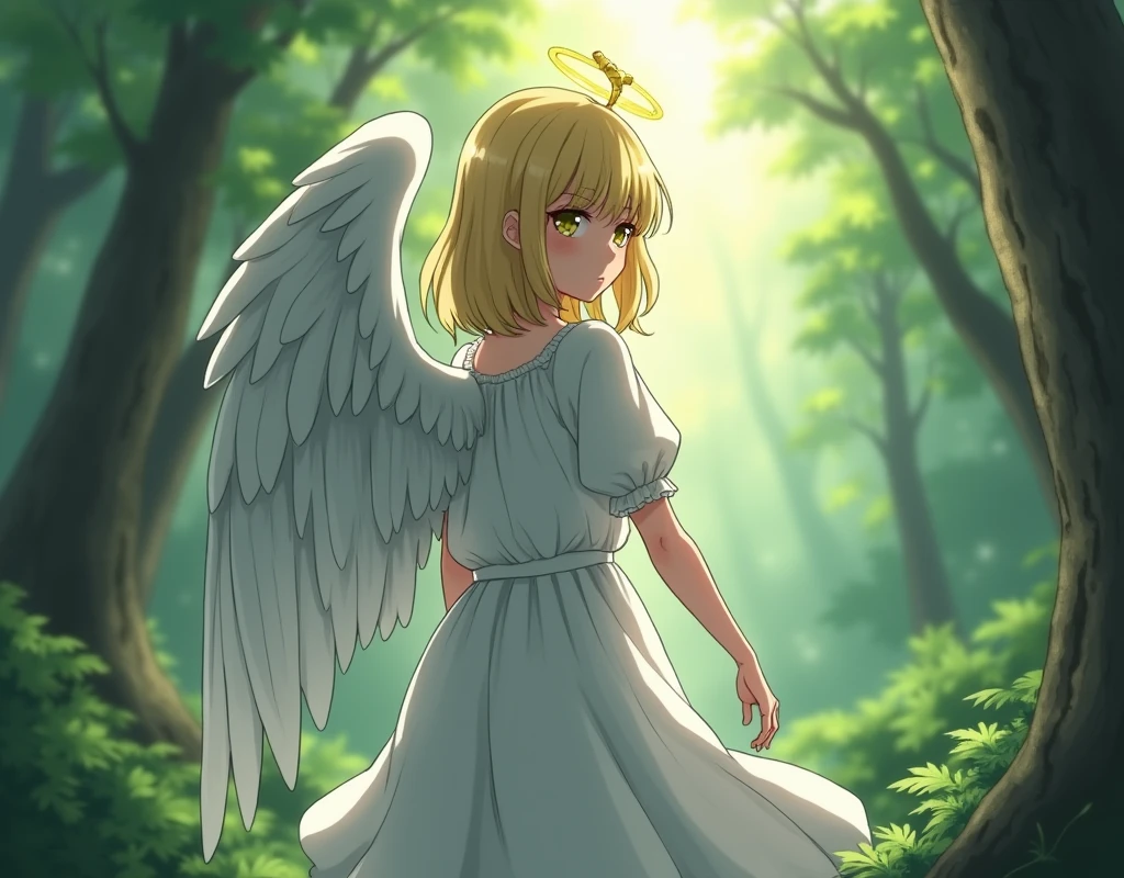 an angel girl turning her back to the camera with a forest background, in anime style