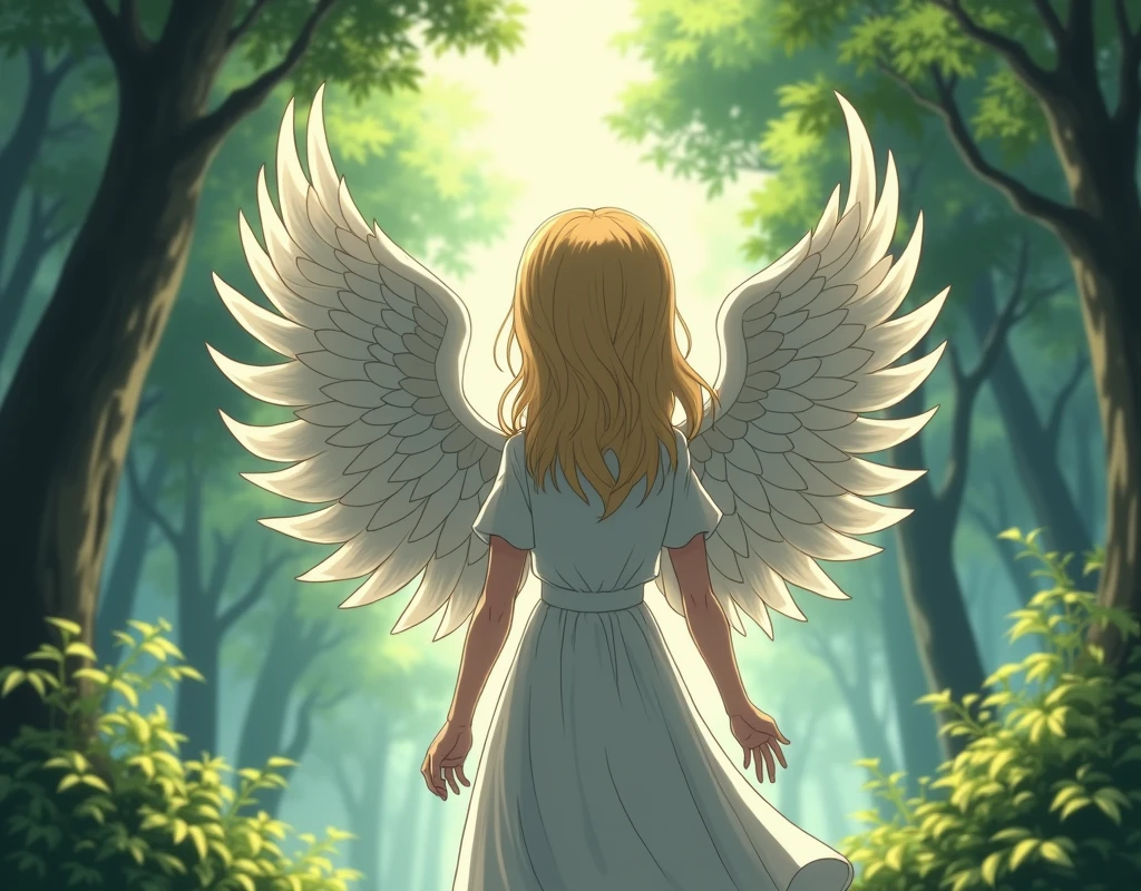 an angel girl turning her back to the camera with a forest background, in anime style