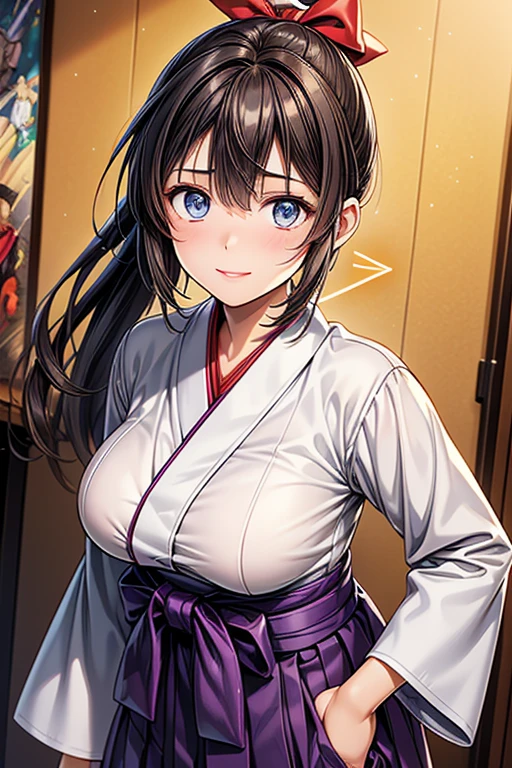 #Basics A girl is posing for a photo, (((One Girl))), (((Baby Face:1.4)) + ((cute:1.4)) + ((15 years old))),
break
#Clothing Accessories
((Red Hakama:1.4)) + ((Large sleeve haori : ((White and purple)Arrow pattern:1.4))) + (Black ankle boots),
break
#Features
((Brown Hair:1.2)) + ((slicked back hair:1.5)) + ((ponytail : Long Hair + Voluminous Hair + Big red ribbon)),
((Droopy eyes:1.4, Big eyes:1.2), blue eyes), (Neutral facial features),
break
#background environment
((noon, A reception room in a large Western-style building)),
#Facial Expression Pose
(smile, blush), (Standing with one hand on one hip),
#composition
(Look into the camera), ((Character Focus), (Angle from the front), (Cowboy Shot)),
break
#Body parts elements
(Slim figure),
(Symmetrical facial features),
(Detailed Hair, Beautiful Hair, Shiny Hair),
(double eyelid, Long eyelashes, Thin eyebrows:0.5, Thin eyebrows:0.5),
(Expression of fine eyes, Beautiful and delicate eyes, Sparkling eyes, Eye Reflexes, Glitter Eyeliner),
(Human Ear),
(Beautiful Nose, Thin Nose),
(Glossy Lips, Beautiful Lips, Thick lips),
(Detailed skin, Textured skin, Beautiful Skin, Oily skin),
break
#Quality Image Quality Common
(((Highest quality)), ((masterpiece:1.3)), ((Very detailed))), ((Ultra-high resolution)), ((16K, 1080P)), ((Full HD)),
(Anatomically correct), (Realistic), (3DCG), (Oil painting),
((comics, anime)), (CG illustration), (RAW Photos),