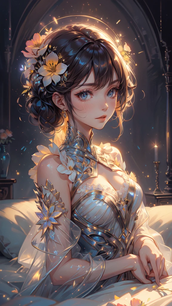 best quality, high-res, ultra-detailed), beautiful woman, detailed face, detailed eyes, long sparkling dress, night background with light and flowers, neon colors, portraits, soft and warm color tones, ambient lighting, full body, flowers, lights, laying on bed
