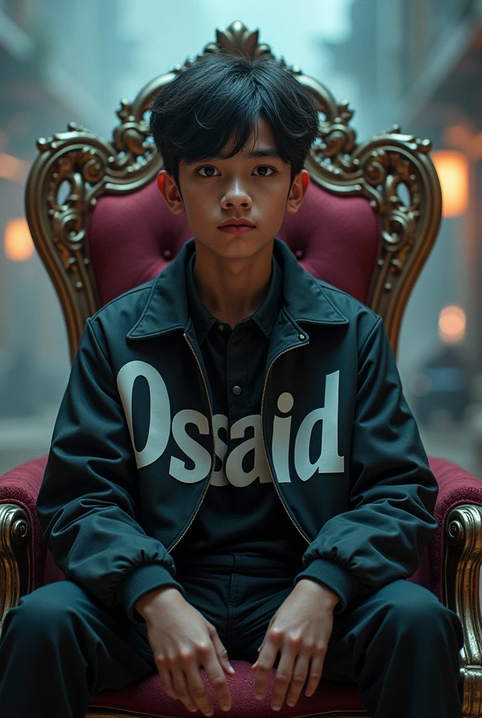 Handsom boy written Osaid on her jacket in large size sitting on a king chair, very smoky effect, change background cyberpunk 8k ultra realistic