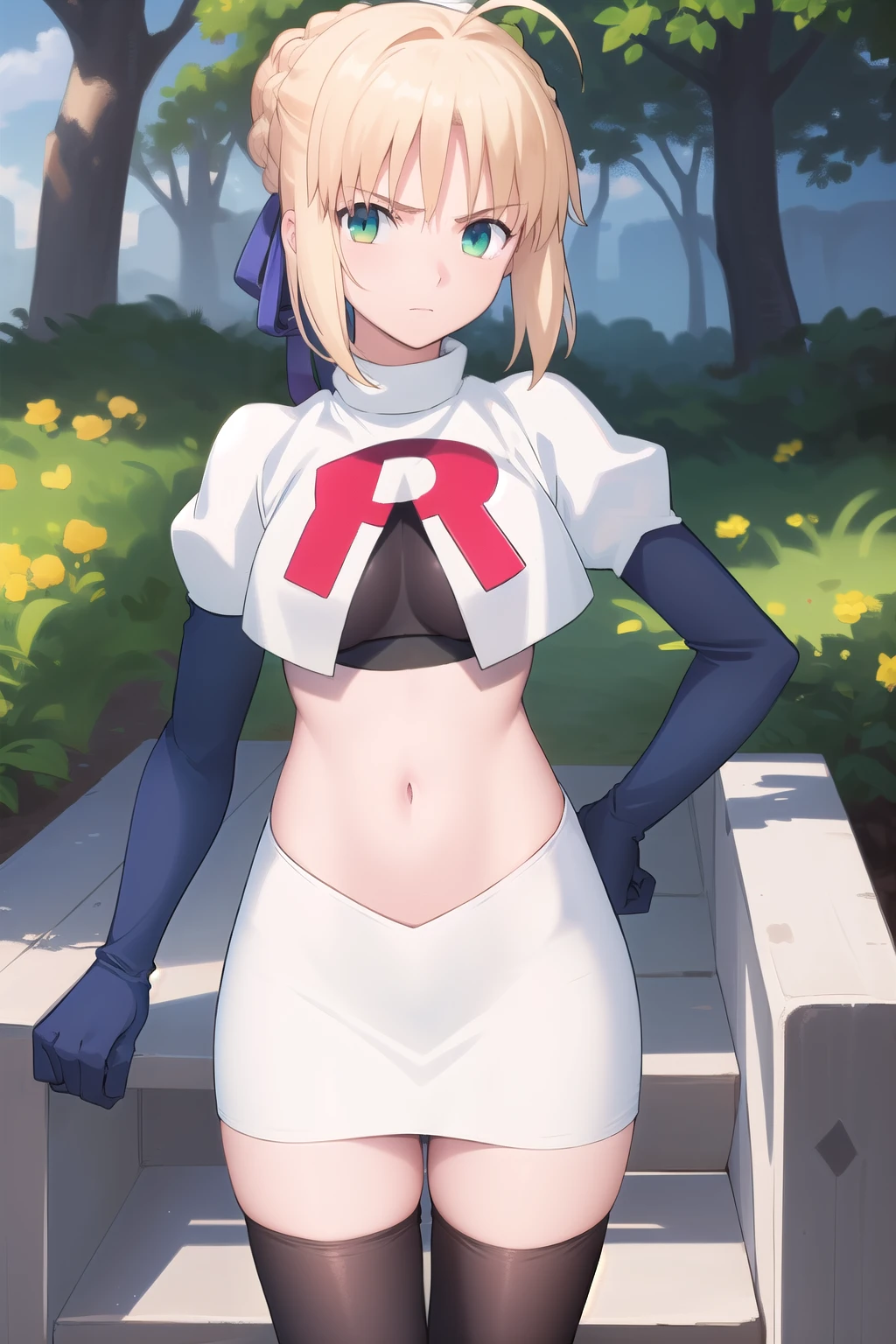 best quality, masterpiece, phSaber, phAltoria, 1girl, solo, blue ribbon, looking at viewer, french braid, hair bun, short hair, outdoors, team rocket,team rocket uniform,white skirt,red letter R,crop top,black thigh-highs,black elbow gloves