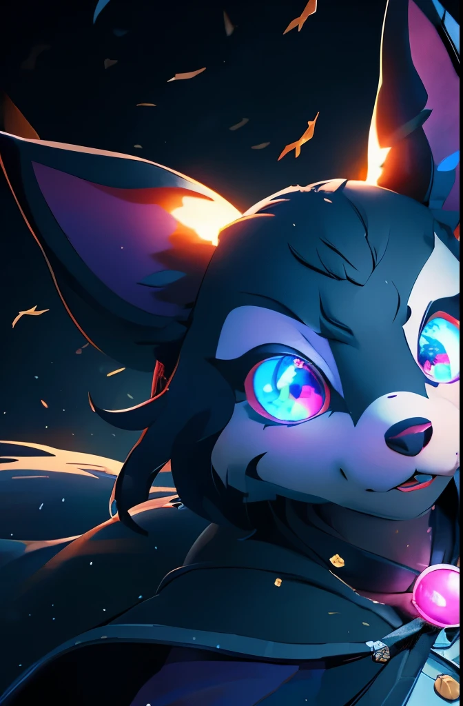 Mioda Ibuki /(Danganronpa/), bank ultra-detailed, masterpiece, illustration, 8k, masterpiece, realistic shadows, wind, gradient, volumetric lighting, cute, ambient lighting, colorful, glowing particles, beautiful detailed eyes 1girl, solo, (original outfit), dungeon background, blue and pink mage outfit, cloak, magic, fantasy