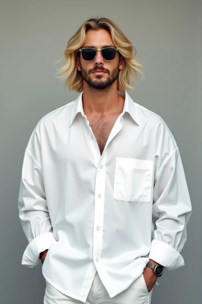  Create a profile picture based on influencer Ruyter Poulbel , with blonde hair, white oversize shirt , pants and sunglasses and beard 
