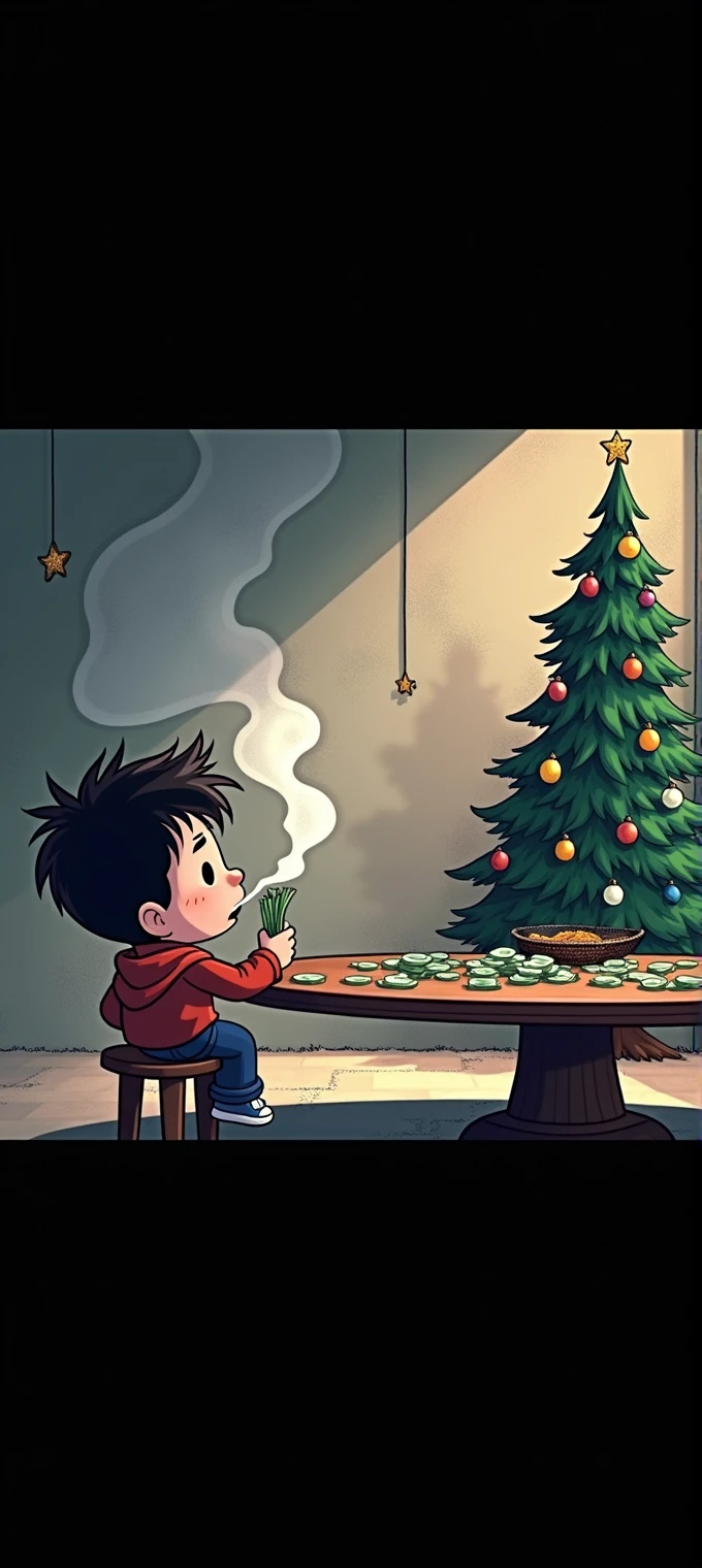 Make an image of Super anmimated and cartoonish boy smoking and thousand's of dollars besides him on the table and the boy feels chilling