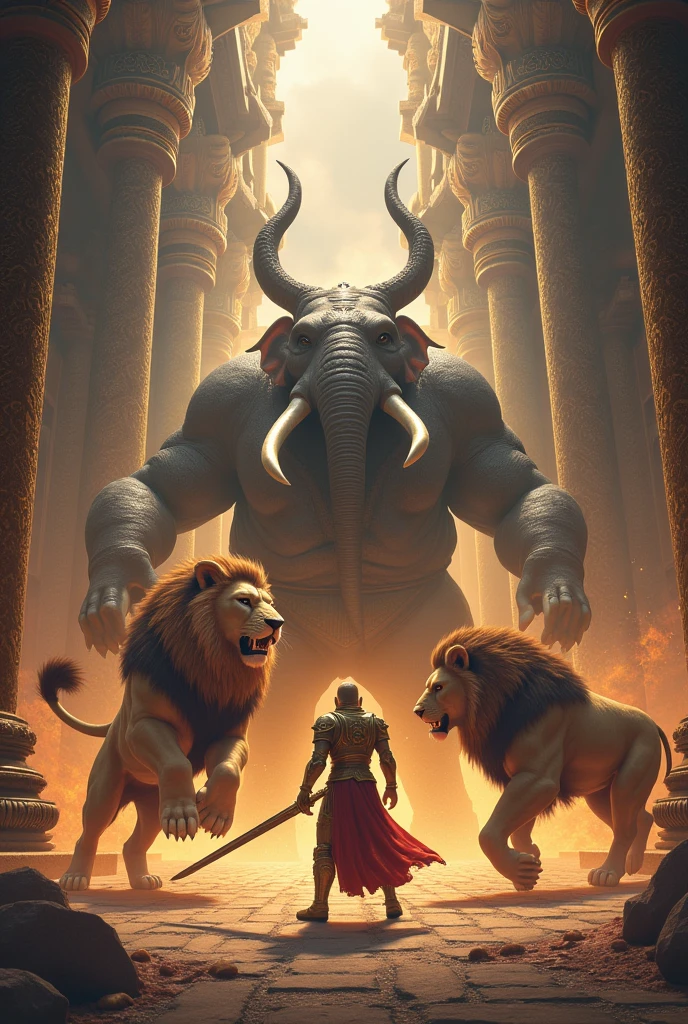 King cheran fiting with lion and elephant with temple background