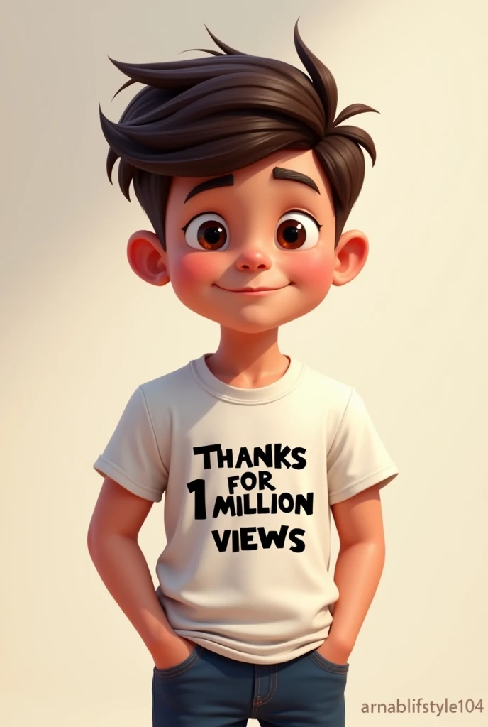 A boy that say Thanks for 1 million views in t- shart write arnablifstyle104 make with using latter Write above this by using latter
Tha boy should be reach looking
Mantion the channel name