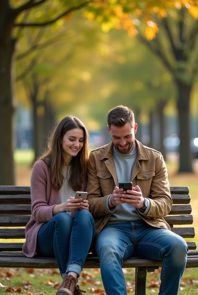 a park, Of friends, Charles and Anna, sitting on a bench. They are both looking at their phones intently. cheered up