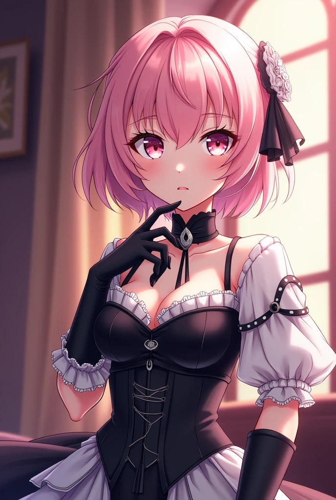 Jeanne de Vanitas does not wear short, light hair as if it were pink, that is usually carried loose, with some strands framing her face. His eyes are a bright color and he has an expression that can vary from determination to vulnerability., which adds depth to his character.
Her clothing is elegant and has a gothic touch., aligning with the anime environment, that mixes elements of modern times with darker and more classic details. She usually wears a black dress with white details., which may include corsets and lace, highlighting your figure. She also usually wears gloves and eye-catching accessories that complement her look..