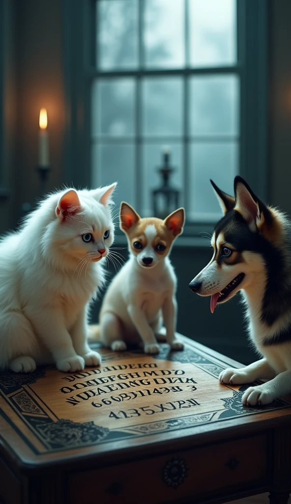 A photorealistic image of three animals— a white fluffy cat, a chihuahua, and a husky— gathered around ouija board inside a dimly lit room. The white cat, sitting calmly on the left, has bright blue eyes and a curious expression, its fur meticulously detailed and soft. The chihuahua, positioned in the center, is standing on its hind legs, paws placed on the table, with an intense, focused gaze towards a Ouija board in front of it. The husky, on the right, is sitting with a slightly tilted head, tongue out, watching the chihuahua with a mix of curiosity and excitement. The room has a gothic atmosphere, with a candle burning in the background, casting soft, flickering light and deep shadows across the scene. The window in the background allows pale moonlight to seep through, highlighting the details of the animals' fur and the intricate carvings on the wooden table. The image should have a hyper-detailed and high-resolution finish, using 50mm lens, medium shot, sharp focus, with cinematic lighting to emphasize the mysterious and eerie setting.