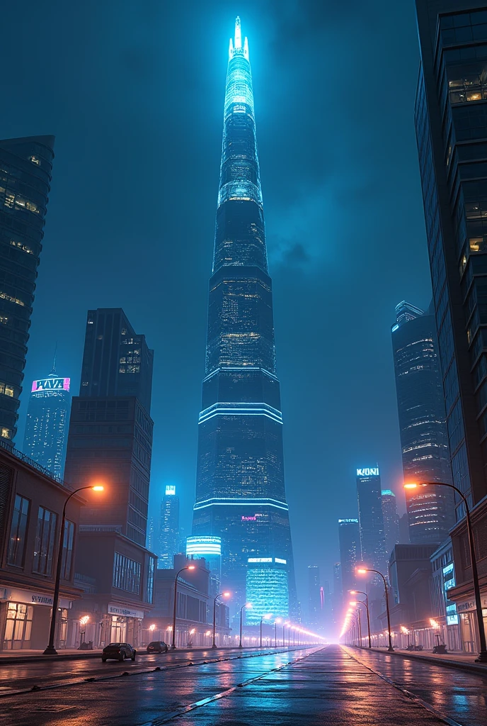 the very high tower in future urban night