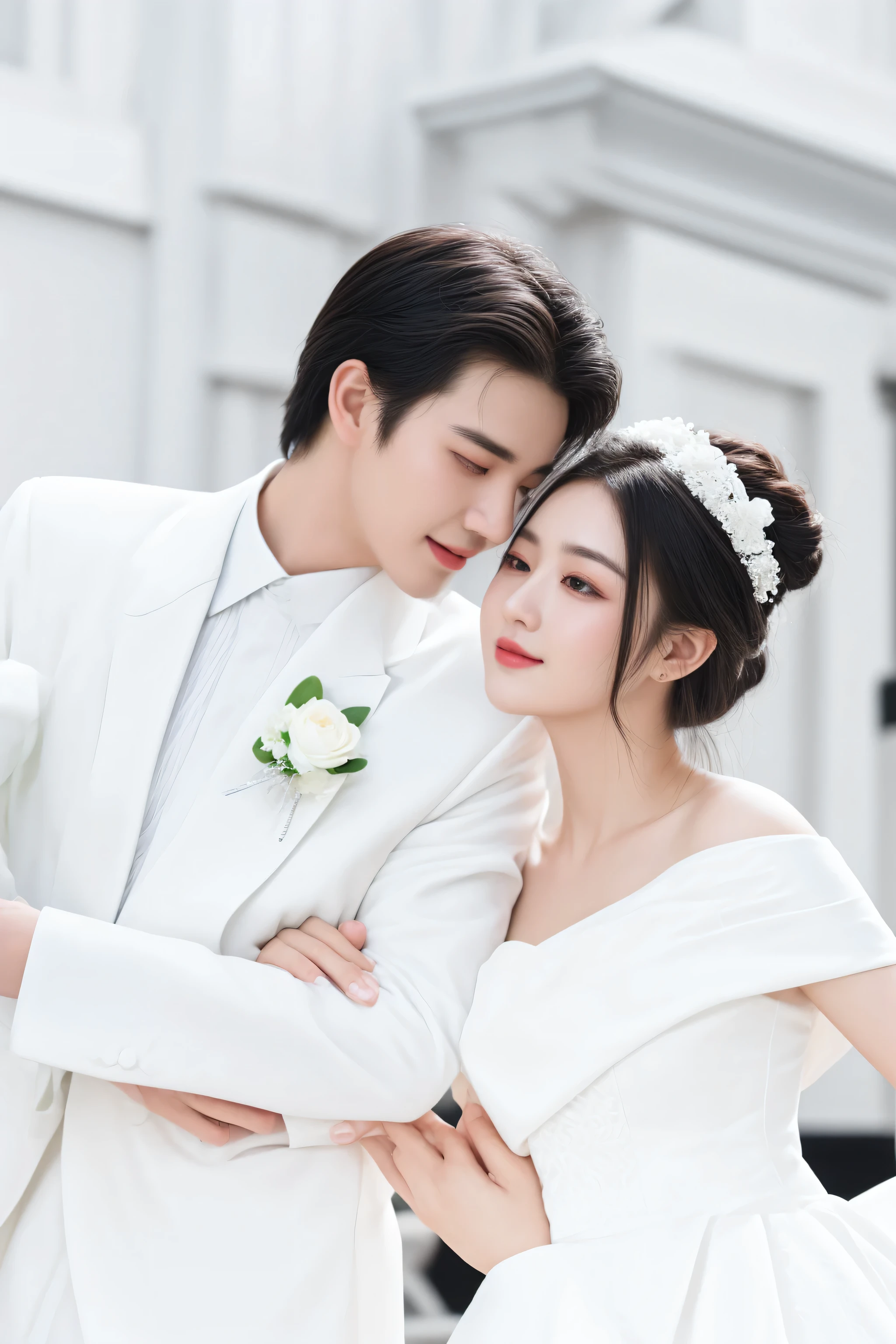 bride and groom in white wedding attire embracing each other, cai xukun, ruan jia and fenghua zhong, jia, ruan jia and brom, wedding photo, inspired by Zhang Han, duy beni serial, high res, promotional still, lovely couple, sha xi, fanart, yanjun chengt, romantic lead, tang mo, portrait shot