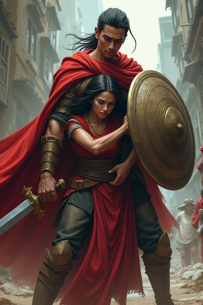 A picture where a brother is protecting his sister from harassment, holding a shield and a sword and his sister is crying and wants revenge. Make it vibrant so that it is easy to draw. It's for raksha bandhan. 