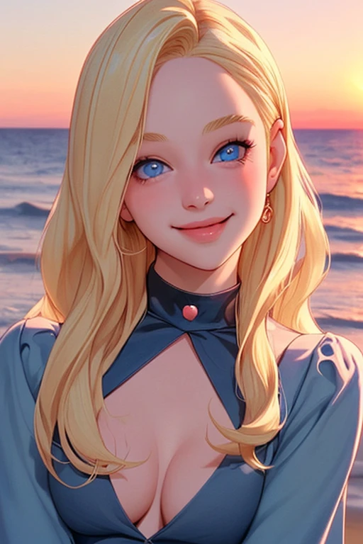 age sabrina the witch. Beautiful blond hair blue eyes, cute smile, hot vibes, cute lips, sunsetting background, vibe cheack