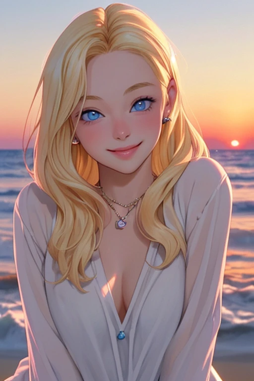 Teenage sabrina the witch. Beautiful blond hair blue eyes, cute smile, hot vibes, cute lips, sunsetting background, vibe cheack