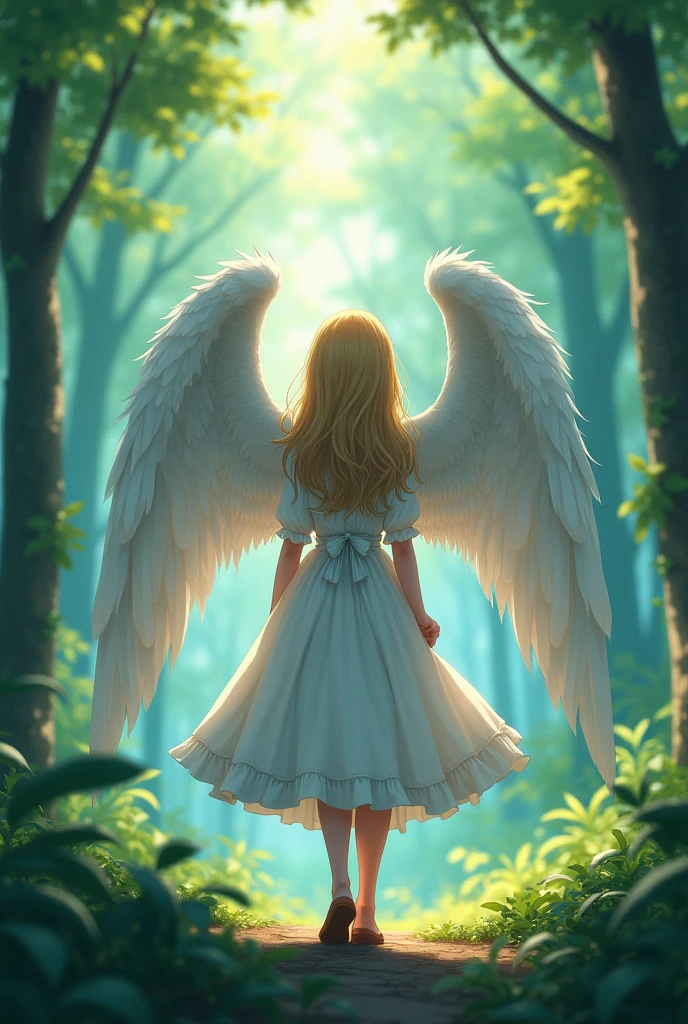 an angel girl turning her back to the camera with a forest background, in anime style

