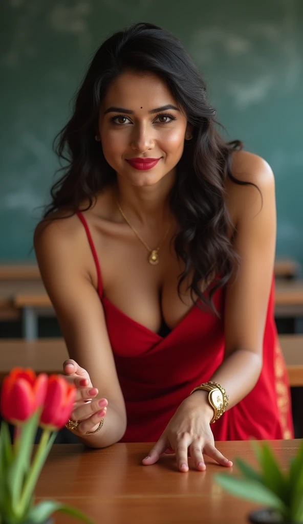 close up photo of Indian actress in classroom, hourglass figure, swooping breasts, deep cleavage, erotic bends over table having sex with big tulips with wide open spread legs, nipples, seductive eyes, red saree, sultry, look at viewer and subtle smile, red lips, necklace, 4K, HD