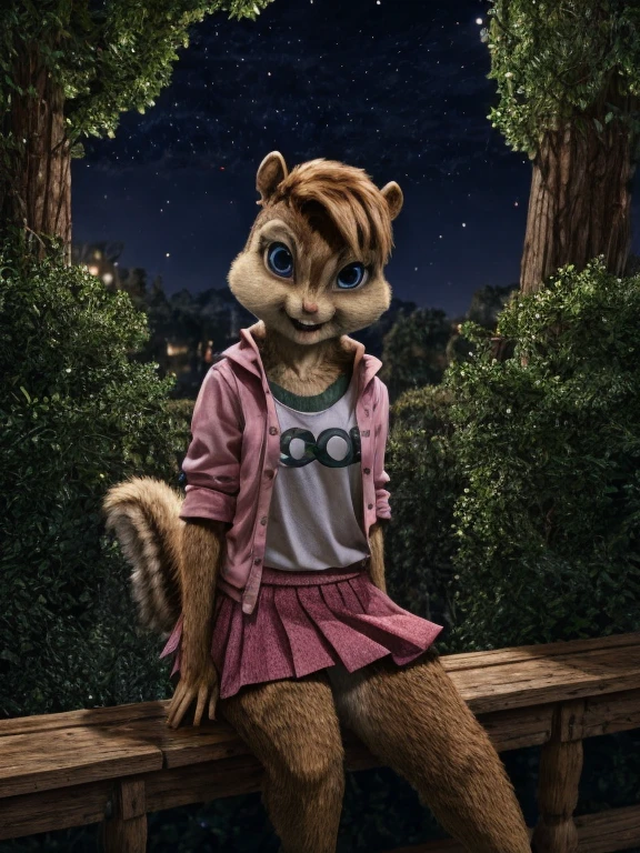 score_9, score_8_up, score_7, score_6, nightime, brittany miller, chipmunk, furry, short ears, light pink shirt top, jean jacket, pink skirt with black polka dots, sitting, looking at viewer, 6 inches tall