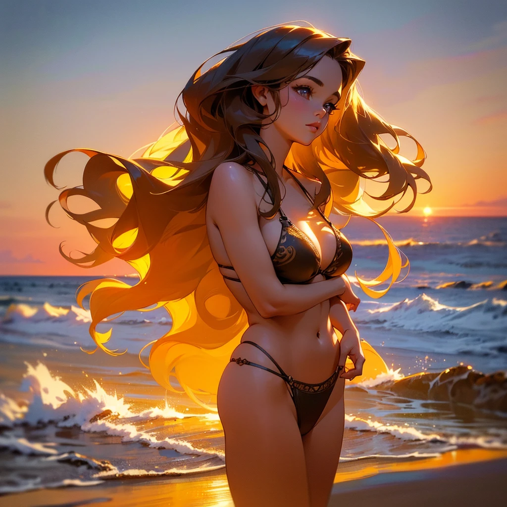 A girl with long wavy hair, wearing a sensual black bikini, posing by the beach, golden hour lighting, highly detailed, photorealistic, 8K, ultra-detailed, masterpiece, (best quality:1.2), (realistic:1.37), beautiful detailed eyes, beautiful detailed lips, extremely detailed face, long eyelashes, goddess-like beauty, alluring expression, sun-kissed skin, graceful elegant pose, ocean waves crashing in the background, warm golden sunset colors, dramatic cinematic lighting, intricate fabric textures, breathtaking scenery, professional photography