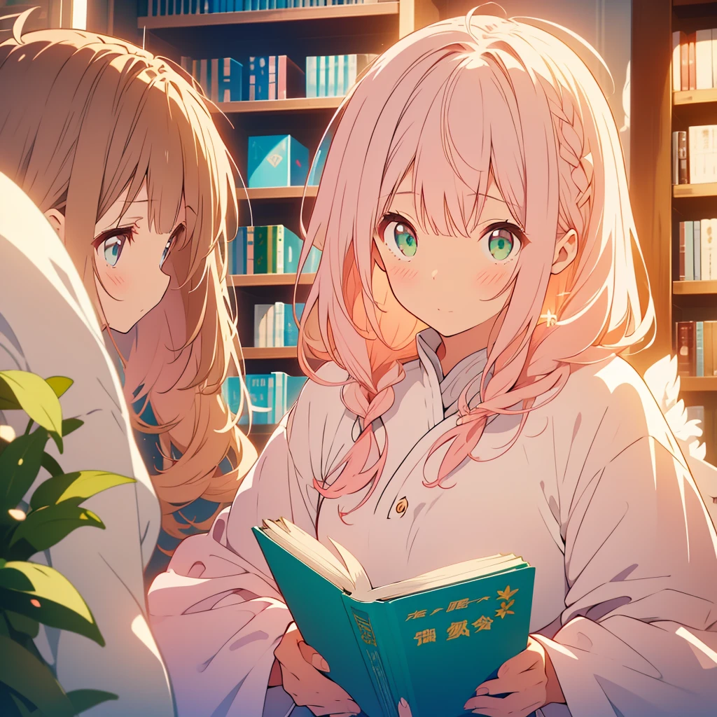 White lily、A girl with short light pink hair、Scarlet Eyes、Highlight on eyes、Crouching down to read a book、Embarrassed expression、Library、Detailed facial expressions、cute、8k、high resolution、Daytime、Bright sunlight、dark brown long hair girl、Green Eyes、Two Girls、Blushing