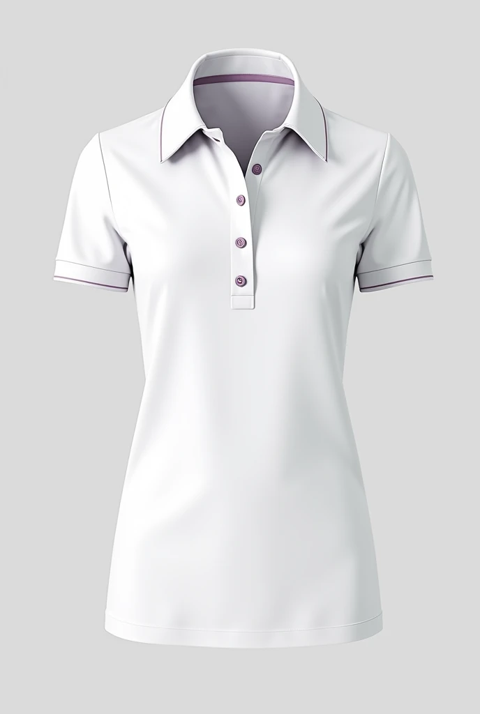 Mockup of a completely white polo shirt for women, except for the part where the buttons go, which are 3. , and this part will be in lilac color