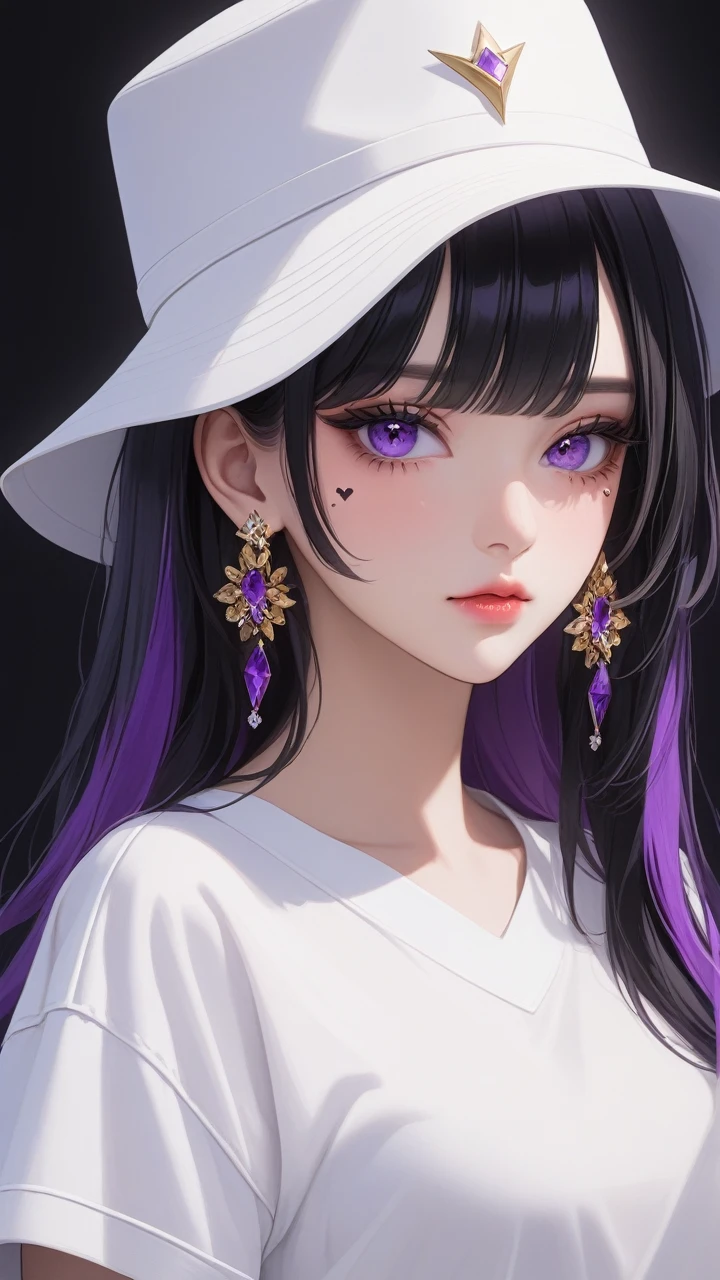 masterpiece, best quality, 1girl, black hair, solo, hat, jewelry, earrings, purple eyes, mole under eye, long hair, looking at viewer, mole, parted lips, white headwear, black background, virtual youtuber, makeup, bangs, multicolored hair, shirt, facial mark, eyeshadow, simple background