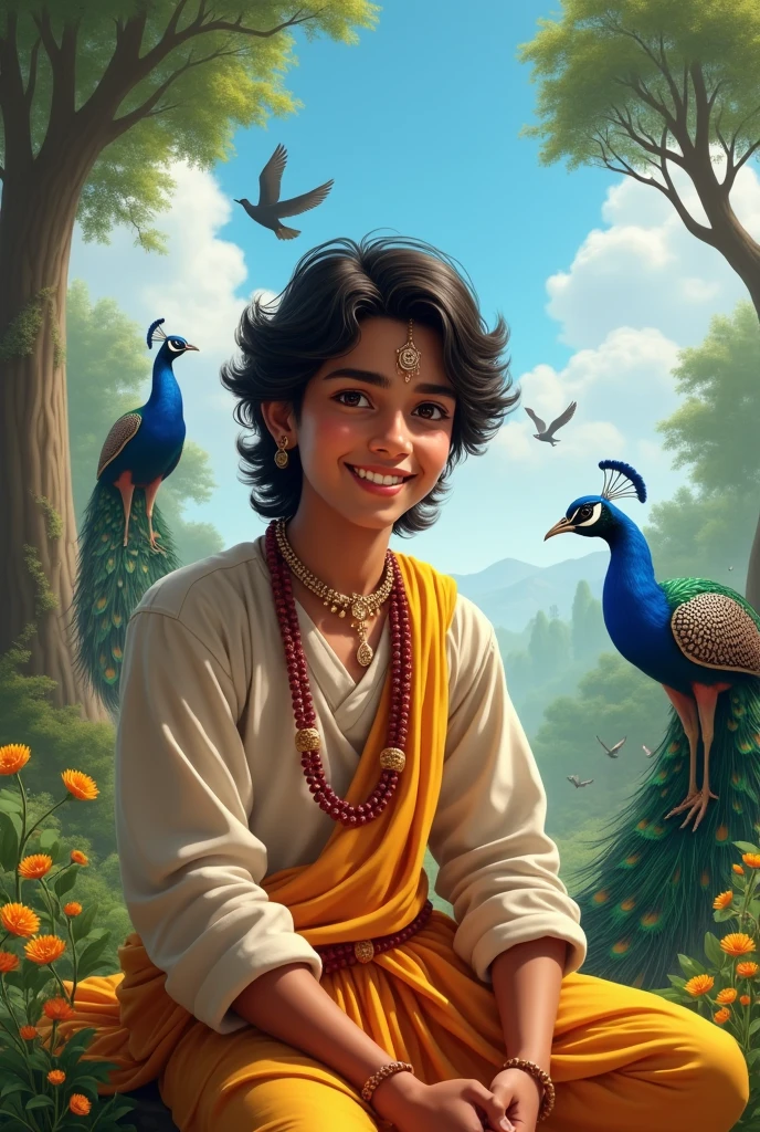 Radha Krishan 19 years old in village sitting, create high quality realistic image, Landscape of a forest, bight sky, vibrant colors, looking with smile, environment is background is of garden, image should ultra clear, hyper realistic, high quality 4k , peacock and birds