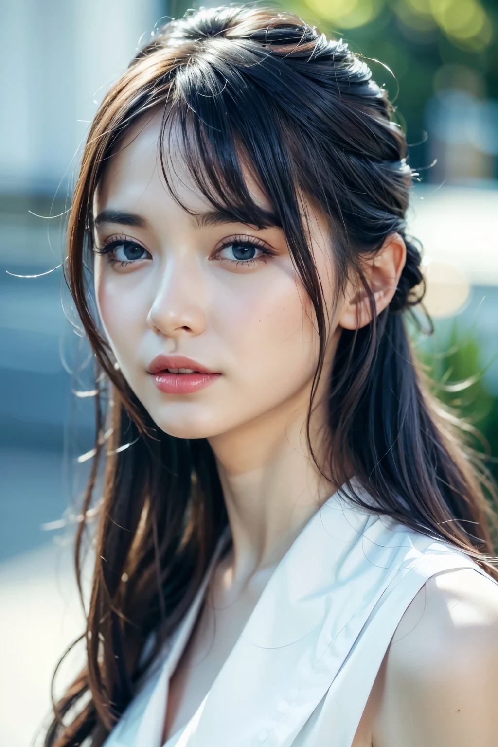 best quality, White skin, real human skin, (Detailed facts), egg shaped face, pore, ultra high resolution, (8k, RAW photos, realistic:1.4), 1 woman, slim, (She looks at the viewer with a serene, goddess-like happy expression..:1.2), ( lip gloss, Eyelashes, gloss face, best quality, super fast, wide lighting, natural shading), Oversized Jacket, fashion shirt, cityscape,